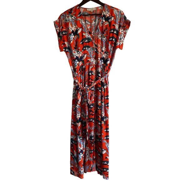 LOFT Dresses & Skirts - LOFT Womens Floral Short Capped Sleeve Button Down Dress with Belt in Red Size 6